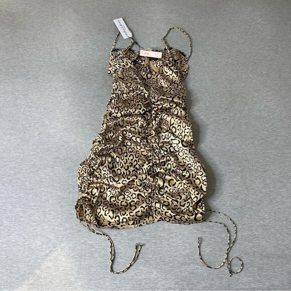 For Love & Lemons Women's Frankie Cheetah Mini Ruched Satin Dress - L - Picture 6 of 11